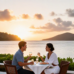 Caribbean Holidays, November Honeymoons, Elegant Caribbean restaurant terrace at sunset with a honeymoon couple dining beside the sea in the British Virgin Islands