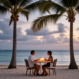 Caribbean Holidays, November Honeymoons, Newlywed couple enjoying a candlelit dinner on a Caribbean beach beneath palm trees