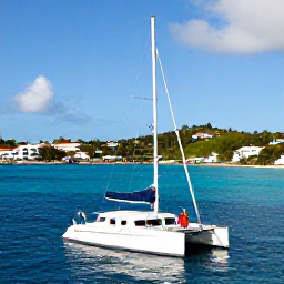 Caribbean Holidays, November Honeymoons, Newlywed couple sailing around Saint Martin and Sint Maarten on a small catamaran, bright blue sea and green coastline