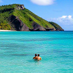 Caribbean Holidays, November Honeymoons, Newlywed couple swimming in clear turquoise water near a Jamaican beach, with green hills and tropical coastline in the background
