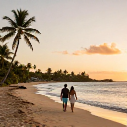 Caribbean Holidays, November Honeymoons, Newlywed couple walking along a quiet golden beach on Saint Kitts at sunset, calm Caribbean Sea and palm trees