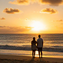 Caribbean Holidays, November Honeymoons, Newlywed couple watching a golden Caribbean sunset from a quiet beach on Saint Martin, gentle waves and warm evening light