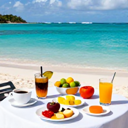 Caribbean Holidays, November Honeymoons, Romantic beachfront breakfast for two on Saint Kitts, tropical fruit, coffee and turquoise sea in the background