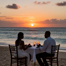 Caribbean Holidays, November Honeymoons, Romantic beachfront dinner for two with candles and sunset over the sea in Barbados