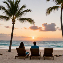 Caribbean Holidays, November Honeymoons, Romantic beachfront resort in Punta Cana with sun loungers, palm trees and a couple watching the sunset