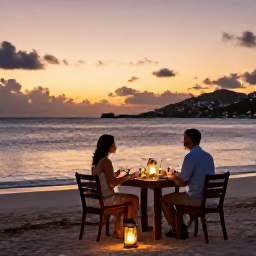 Caribbean Holidays, November Honeymoons, Romantic beachside dinner for two in Saint Barth&eacute;lemy, lanterns on a wooden table, sunset over the Caribbean Sea