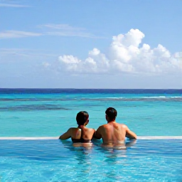 Caribbean Holidays, November Honeymoons, Romantic couple relaxing beside an infinity pool overlooking the Caribbean Sea on a sunny day