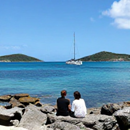Caribbean Holidays, November Honeymoons, Romantic couple sailing past rocky coves and green islands in the British Virgin Islands under a bright blue sky