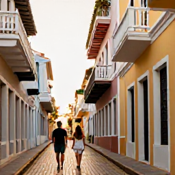 Caribbean Holidays, November Honeymoons, Romantic couple walking through colourful Old San Juan street with colonial buildings, balconies and evening sunshine