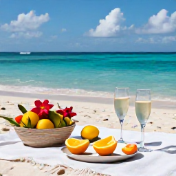 Caribbean Holidays, November Honeymoons, Romantic Jamaican beach picnic with tropical fruit, flowers and two glasses of sparkling wine beside calm turquoise sea