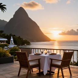 Caribbean Holidays, November Honeymoons, Romantic open-air hotel terrace in Saint Lucia overlooking the sea at sunset, with a table set for two