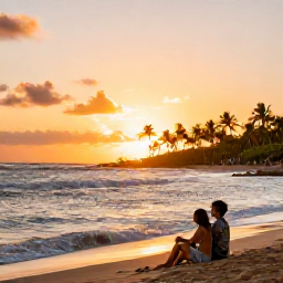 Caribbean Holidays, November Honeymoons, Romantic Puerto Rico sunset beach scene with couple sitting beside gentle waves, warm golden sky and palm trees