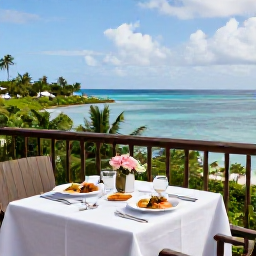 Caribbean Holidays, November Honeymoons, Romantic resort balcony overlooking a calm Caribbean bay in November, breakfast for two and tropical greenery