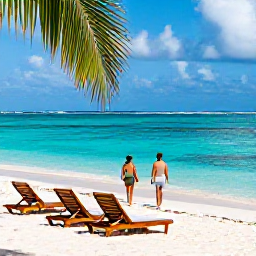 Caribbean Holidays, November Honeymoons, Romantic white-sand beach at Orient Bay in November, turquoise water, sun loungers and a couple walking along the shoreline