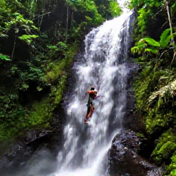 Caribbean Holidays, November Hotspots, A lush tropical waterfall surrounded by rainforest in Jamaica, with a person carefully climbing the cascades and bright natural greenery