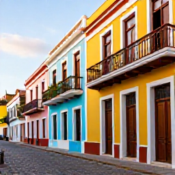 Caribbean Holidays, November Hotspots, Colourful colonial street in Santo Domingo, Dominican Republic, with pastel buildings, balconies, cobbled pavement and afternoon light