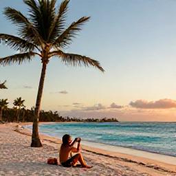 Caribbean Holidays, November Hotspots, Golden-hour view of Punta Cana beach in the Dominican Republic, turquoise water, palm trees and a relaxed traveller taking photographs