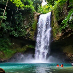 Caribbean Holidays, November Hotspots, Waterfall surrounded by lush green forest near Puerto Plata, Dominican Republic, with natural pool and adventurous visitors