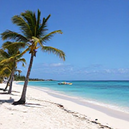 Caribbean Holidays, November Hotspots, White-sand beach and swaying palm trees on Saona Island, Dominican Republic, with a small boat offshore and bright clear water