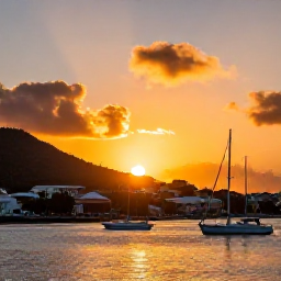 Caribbean Holidays, November Instagram Hotspots, Colourful sunset over Road Town harbour on Tortola in November, with boats on calm water, hillside buildings and warm evening light