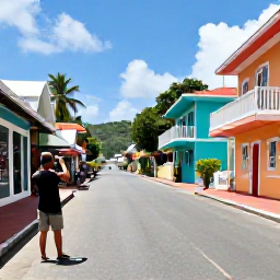 Caribbean Holidays, November Instagram Hotspots, Traveller photographing a colourful Caribbean street in St John&rsquo;s, Antigua, with pastel buildings, local shops and bright tropical details