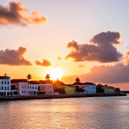 Caribbean Holidays, November Instagram Spots, A colourful sunset over Christiansted waterfront on St Croix, with historic pastel buildings, calm sea and palm trees