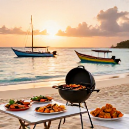 Caribbean Holidays, November Instagram Spots, A friendly beach barbecue scene in the Grenadines at sunset, with grilled seafood, colourful boats and warm evening light over the Caribbean Sea