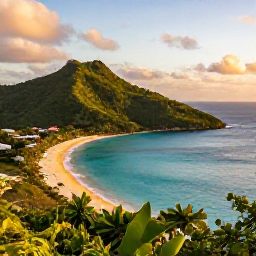 Caribbean Holidays, November Instagram Spots, A panoramic golden-hour view over Magens Bay, St Thomas, with turquoise water, green hills and a quiet sandy beach