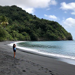 Caribbean Holidays, November Instagram Spots, A quiet black-sand beach on Saint Vincent with deep green rainforest-covered hills, calm Caribbean sea and a traveller taking photographs in November