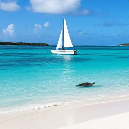 Caribbean Holidays, November Instagram Spots, A small sailing boat approaching the Tobago Cays in Saint Vincent and the Grenadines, with brilliant turquoise water, white sand and a sea turtle visible beneath the surface