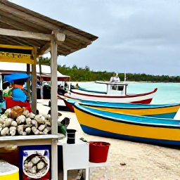 Caribbean Holidays, November Instagram Spots, Colourful fishing boats and conch stalls at a lively local market in Turks and Caicos, natural daylight and island details