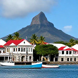 Caribbean Holidays, November Instagram Spots, Colourful waterfront scene in Charlestown, Nevis, with historic stone buildings, fishing boats, palm trees and Nevis Peak in the background