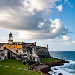 Caribbean Holidays, November Instagram Spots, Dramatic coastal view of Castillo San Felipe del Morro in San Juan, Puerto Rico, under a partly cloudy November sky