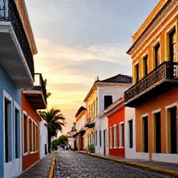 Caribbean Holidays, November Instagram Spots, Golden-hour view of Old San Juan, Puerto Rico, with colourful colonial buildings, cobbled streets and palm trees