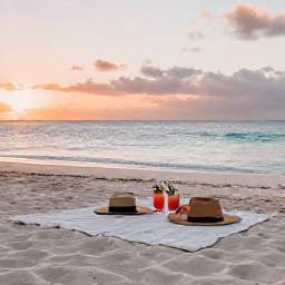 Caribbean Holidays, November Instagram Spots, Romantic sunset picnic on a quiet Turks and Caicos beach, two drinks, soft sand and pastel November sky