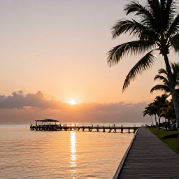 Caribbean Holidays, November Instagram Spots, Sunset over the calm Caribbean Sea at Rum Point in Grand Cayman, with a wooden jetty, palm trees and warm orange sky