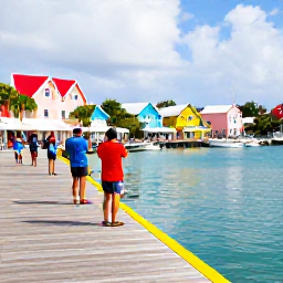 Caribbean Holidays, November Instagram Spots, Visitors taking photographs at the colourful boardwalk and waterfront of Marigot, Saint Martin, with boats and pastel buildings