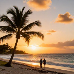 Caribbean Holidays, November Island Hopping, Relaxed Caribbean beach at sunset on a Grenadine island, with palm trees, gentle waves and a couple walking along the shore