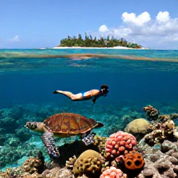 Caribbean Holidays, November Island Hopping, Snorkeller swimming above a colourful coral reef near the Tobago Cays, with sea turtles and a sandy island in the background