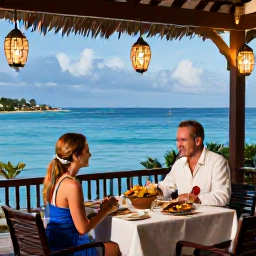 Caribbean Holidays, November Luxury, A couple enjoying an elegant open-air dinner beside the Caribbean Sea on Saint Kitts, with lanterns and local dishes