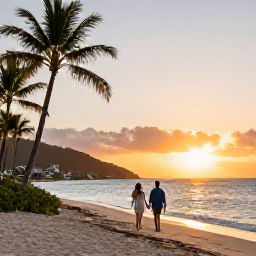 Caribbean Holidays, November Luxury, A couple walking along a quiet Caribbean beach on Saint Martin at sunset, with luxury travel ambience and palm trees