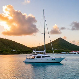 Caribbean Holidays, November Luxury, A luxury sailing yacht anchored in a sheltered bay off Saint Barth&eacute;lemy at sunset, with clear water and green hills in the background