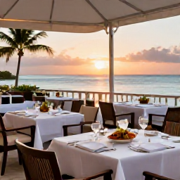 Caribbean Holidays, November Luxury, A refined beachfront restaurant in Grand Case, Saint Martin, serving gourmet seafood at sunset with the Caribbean sea in the background