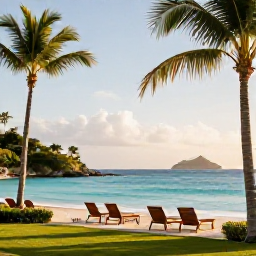 Caribbean Holidays, November Luxury, A stylish beachfront luxury resort on Saint Martin in November, with turquoise sea, palm trees and warm afternoon light