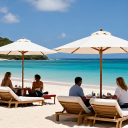 Caribbean Holidays, November Luxury, A stylish Saint Barth&eacute;lemy beach club with sun loungers, white umbrellas and guests enjoying an elegant lunch beside the sea