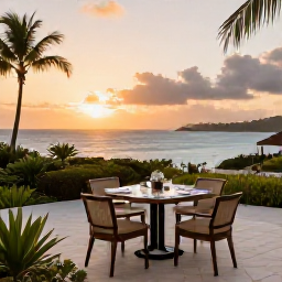 Caribbean Holidays, November Luxury, An elegant luxury hotel terrace overlooking the Caribbean Sea at sunset on Nevis, with discreet table settings and tropical gardens