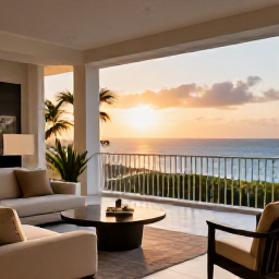 Caribbean Holidays, November Luxury, An elegant ocean-view hotel suite in Saint Martin, with a private terrace, modern furnishings and a tropical sunset