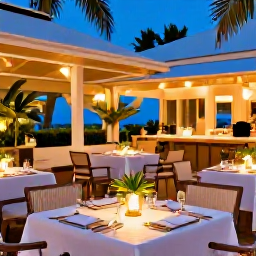 Caribbean Holidays, November Luxury, An elegant outdoor restaurant in Gustavia, Saint Barth&eacute;lemy, with a beautifully set table, tropical plants and evening lights
