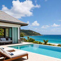 Caribbean Holidays, November Luxury Holidays, An elegant luxury villa terrace overlooking the Caribbean Sea in Saint Vincent and the Grenadines, with a private pool and tropical garden