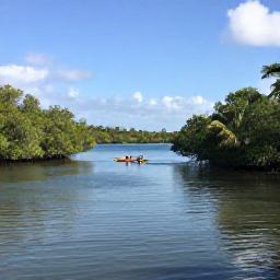 Caribbean Holidays, November Nature, A peaceful mangrove lagoon and coastal landscape on St Croix in November, with kayaks on calm water and tropical vegetation